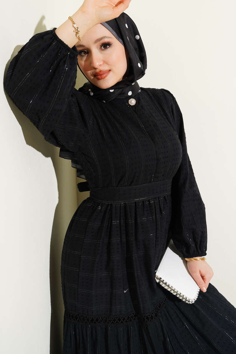 Belted Dress with Concealed Buttons - Black