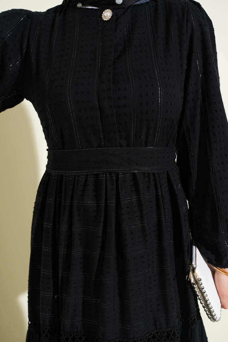Belted Dress with Concealed Buttons - Black