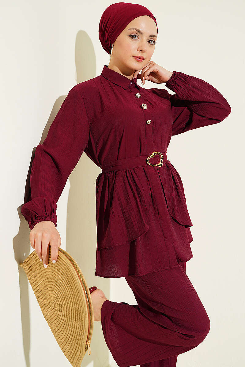 Belted Tunic Set with Concealed Buttons - Burgundy