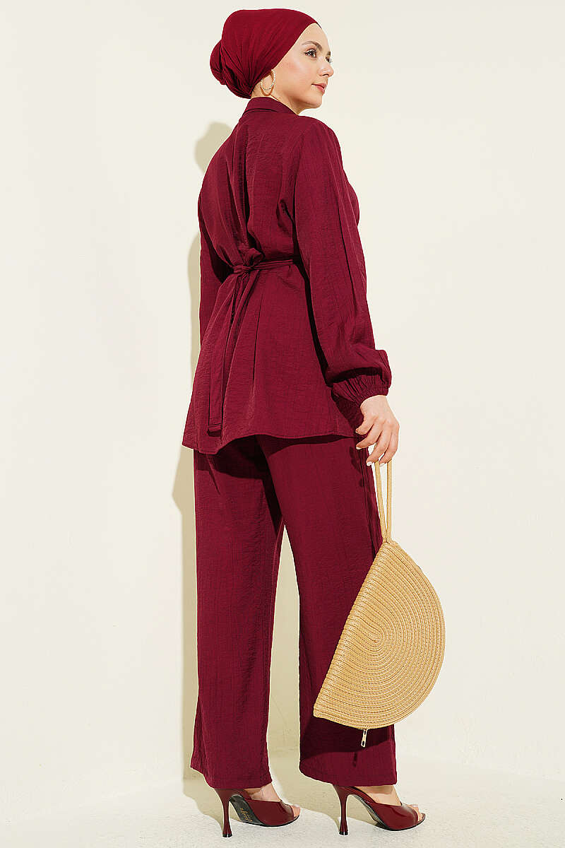 Belted Tunic Set with Concealed Buttons - Burgundy