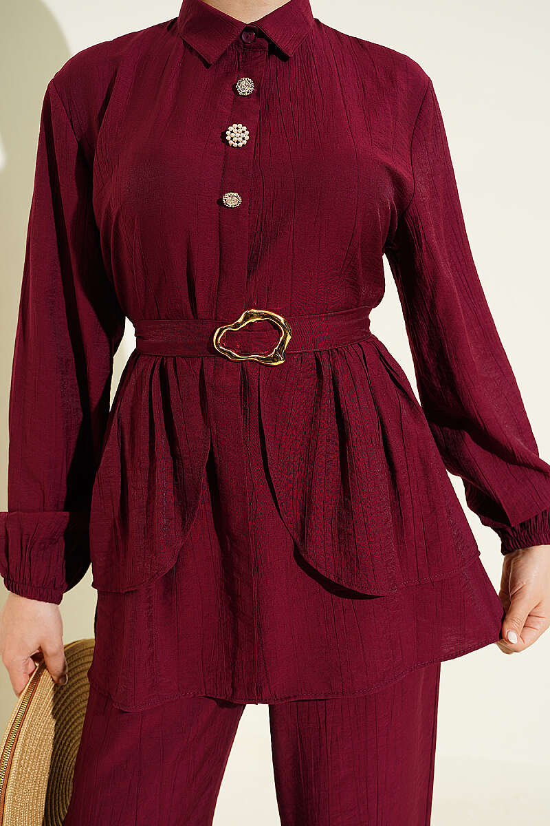 Belted Tunic Set with Concealed Buttons - Burgundy