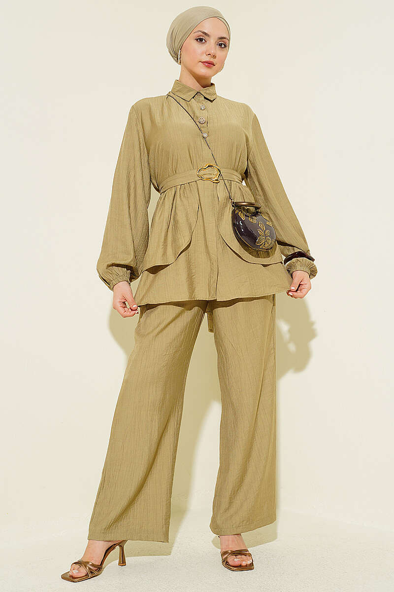 Belted Tunic Set with Concealed Buttons - Almond Green