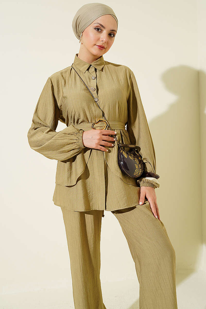 Belted Tunic Set with Concealed Buttons - Almond Green