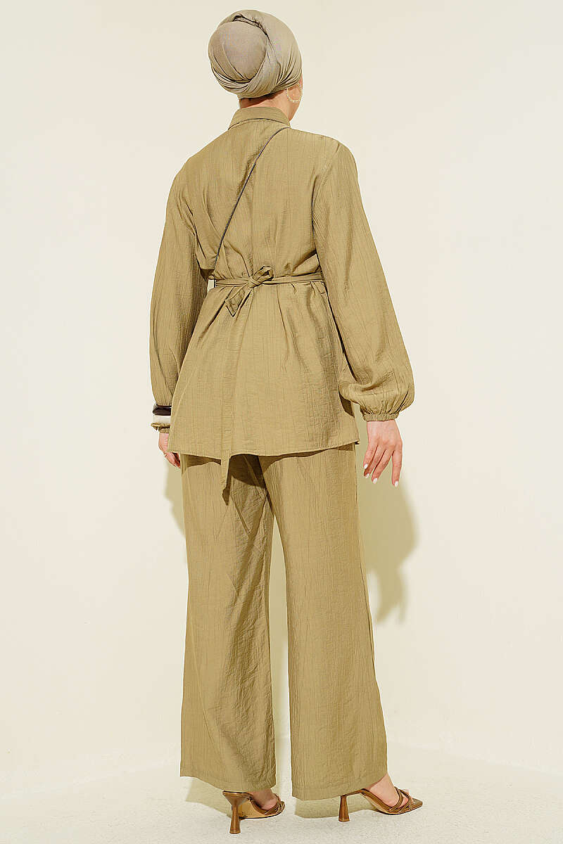 Belted Tunic Set with Concealed Buttons - Almond Green