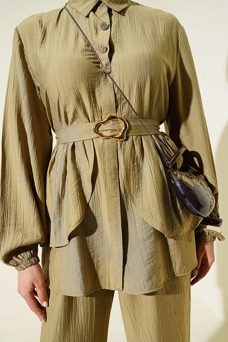 Belted Tunic Set with Concealed Buttons - Almond Green