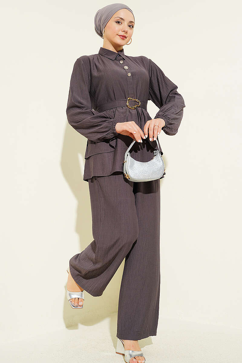 Belted Tunic Set with Concealed Buttons - Smoke Grey