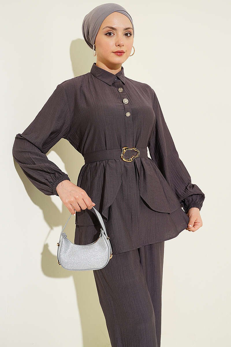Belted Tunic Set with Concealed Buttons - Smoke Grey