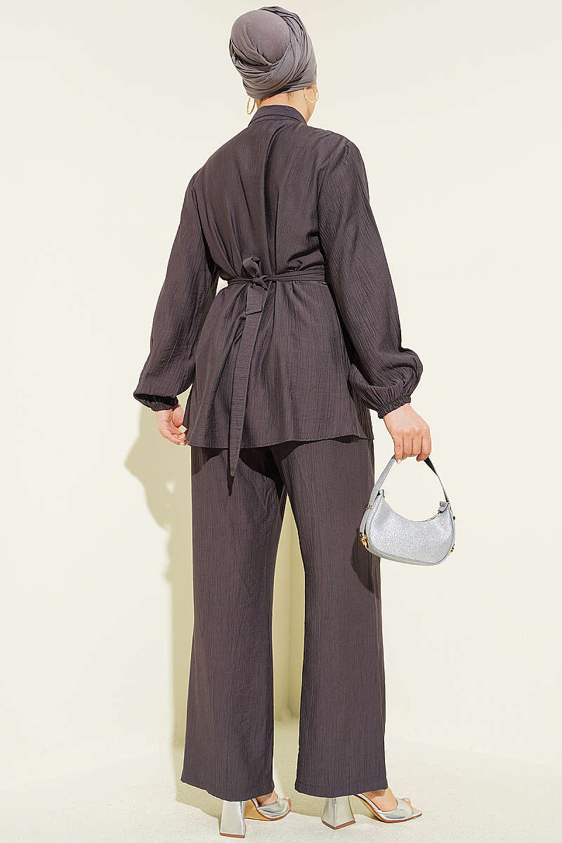 Belted Tunic Set with Concealed Buttons - Smoke Grey