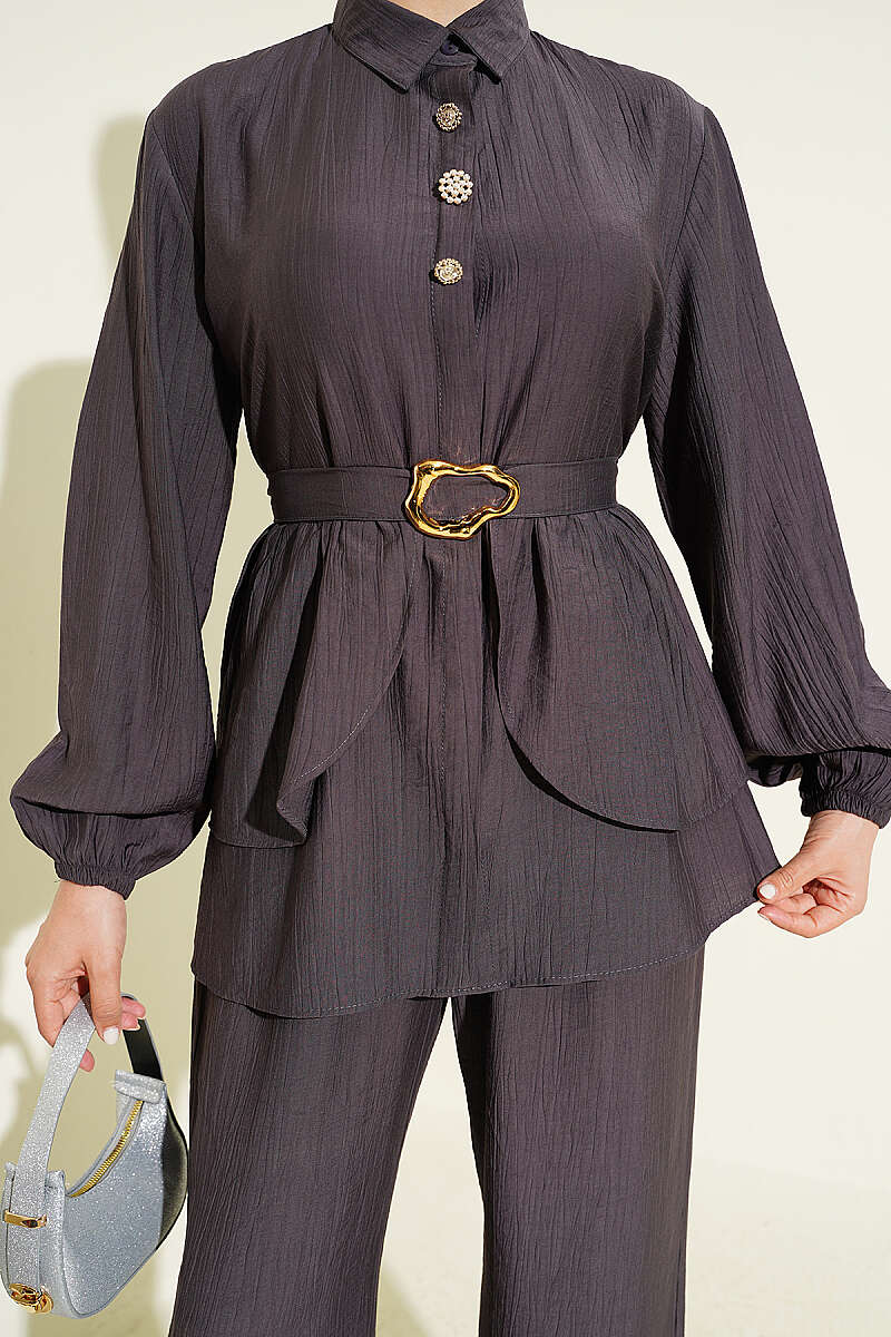 Belted Tunic Set with Concealed Buttons - Smoke Grey