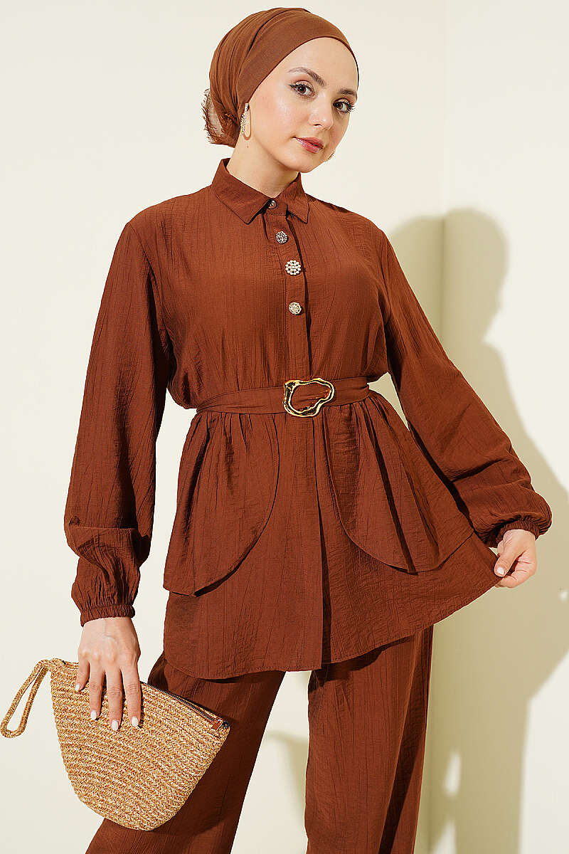 Belted Tunic Set with Concealed Buttons - Brown