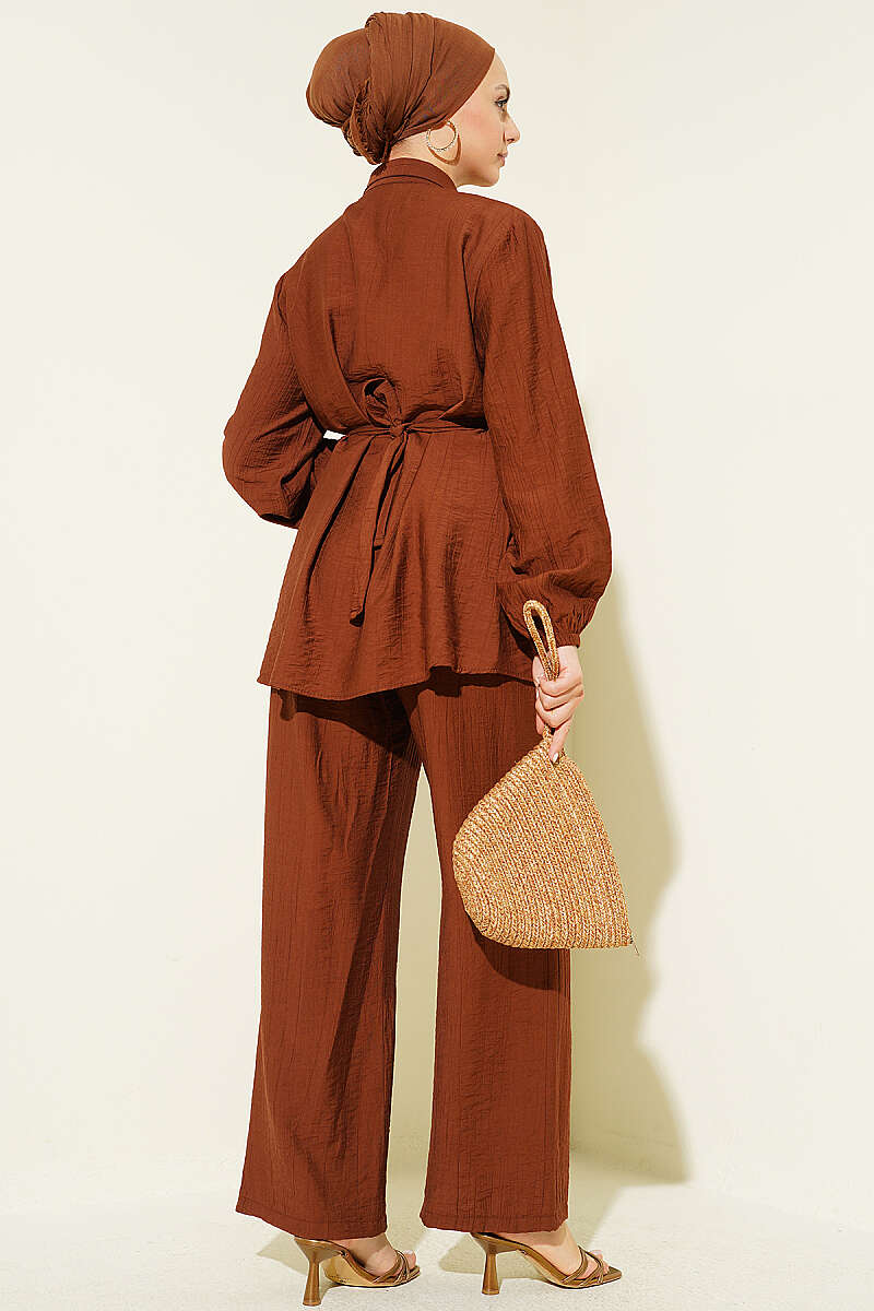 Belted Tunic Set with Concealed Buttons - Brown