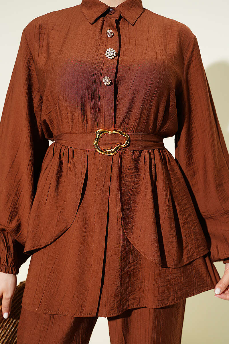 Belted Tunic Set with Concealed Buttons - Brown