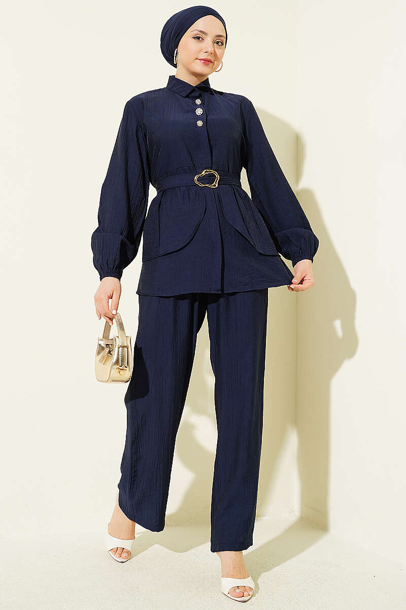 Belted Tunic Set with Concealed Buttons - Navy