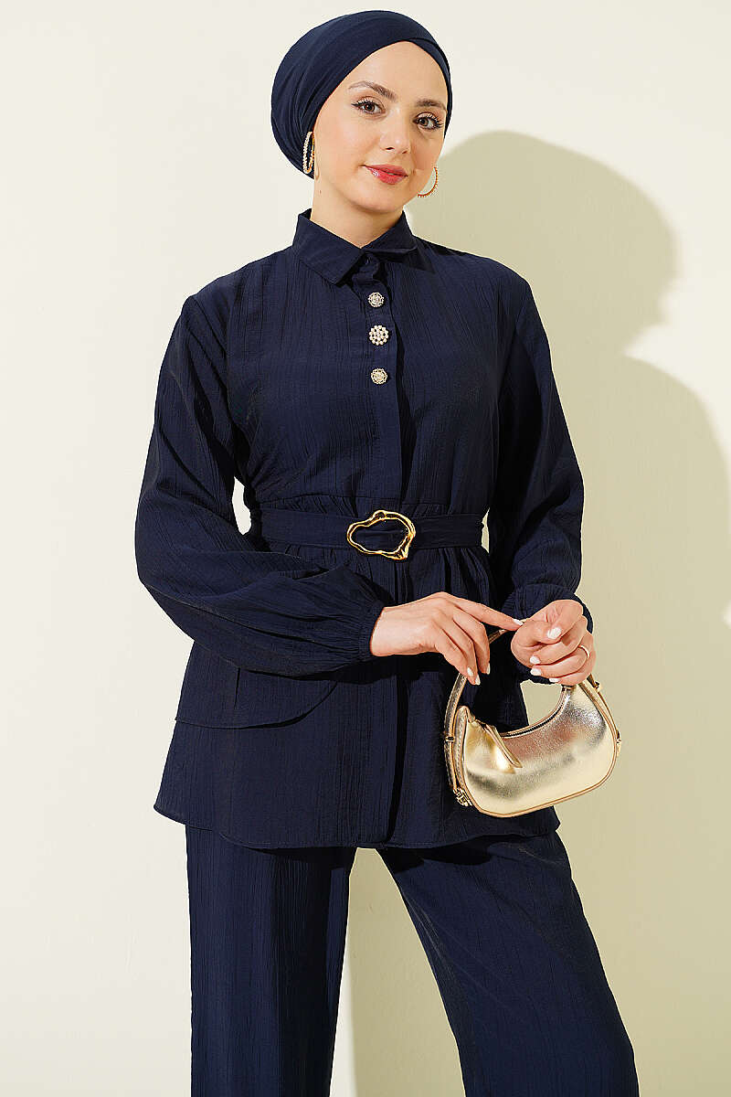 Belted Tunic Set with Concealed Buttons - Navy