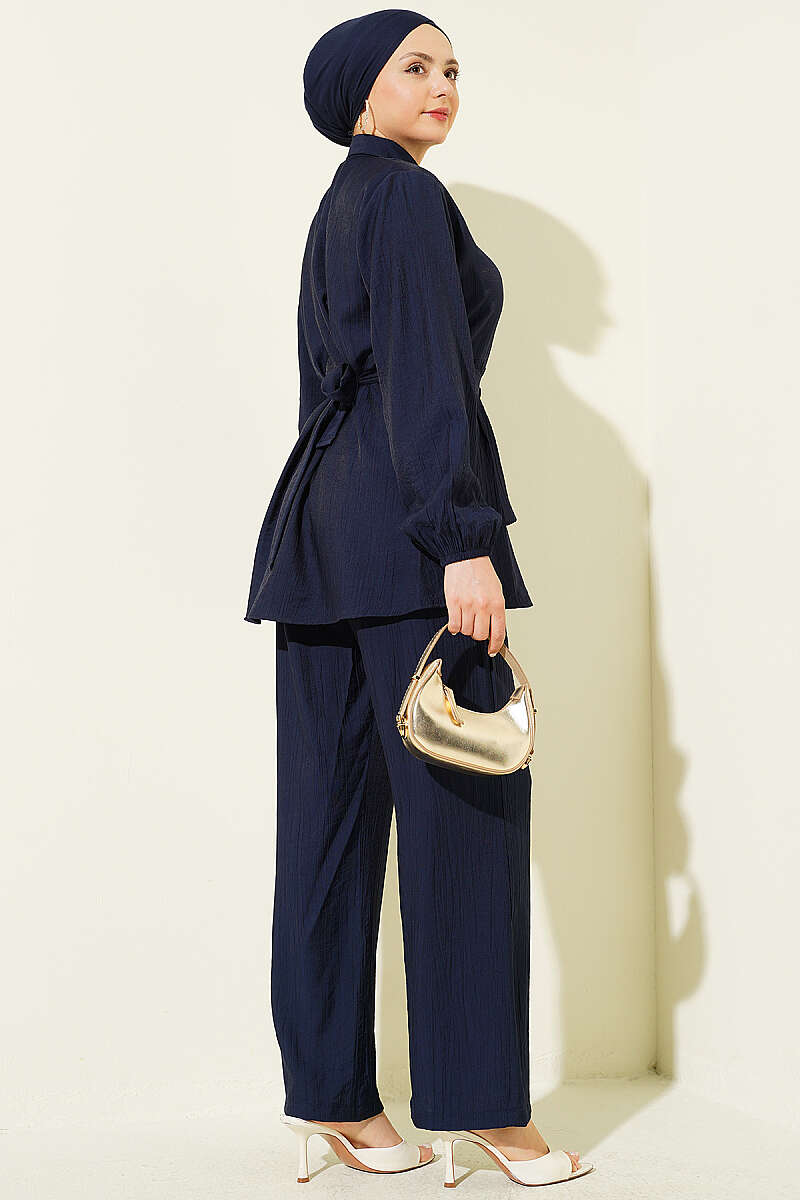 Belted Tunic Set with Concealed Buttons - Navy