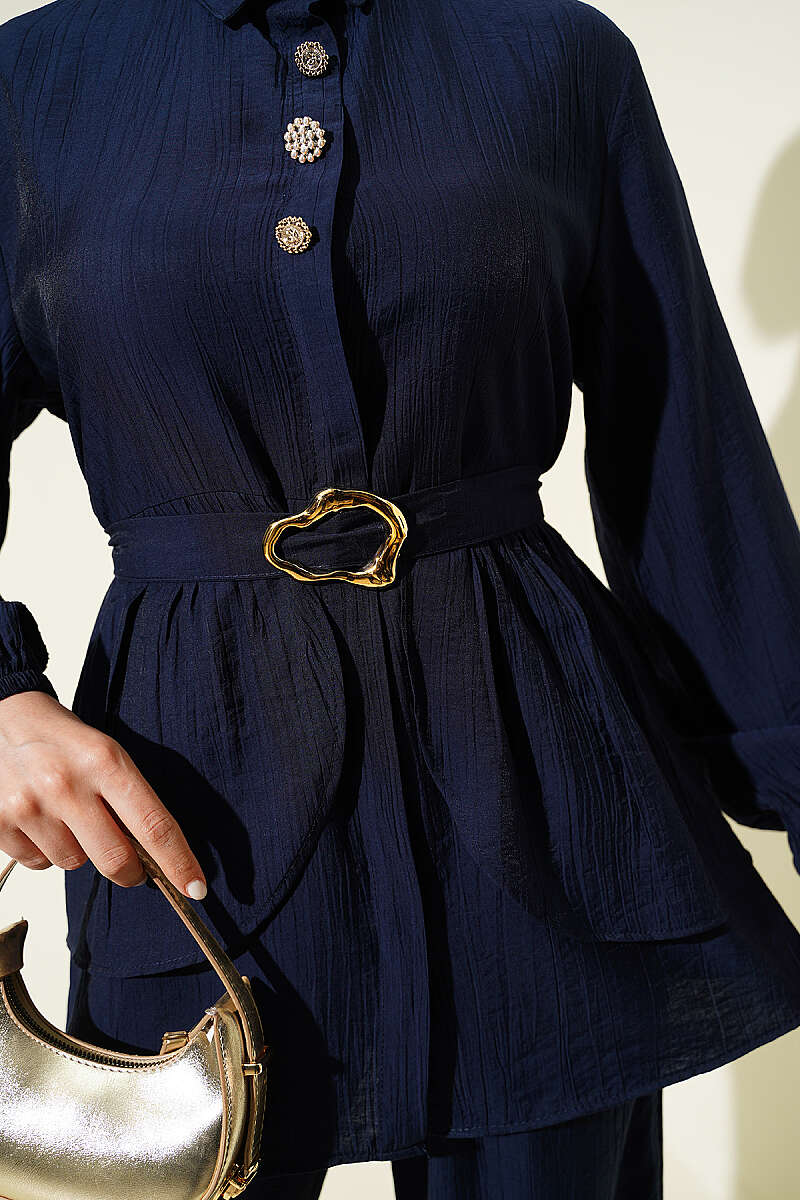 Belted Tunic Set with Concealed Buttons - Navy