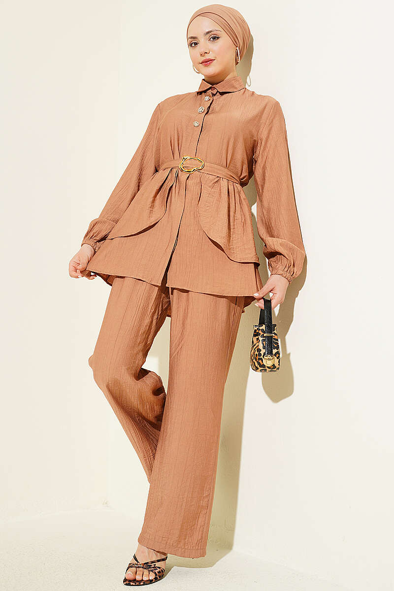 Belted Tunic Set with Concealed Buttons - Latte