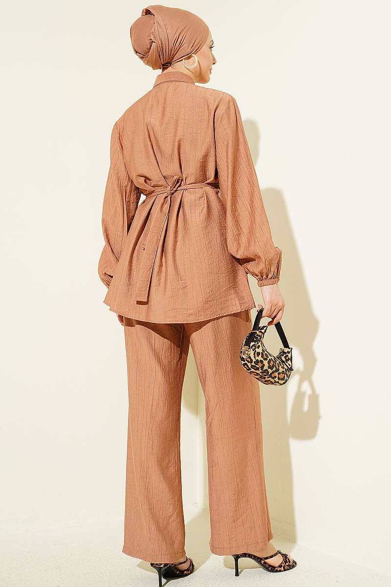 Belted Tunic Set with Concealed Buttons - Latte