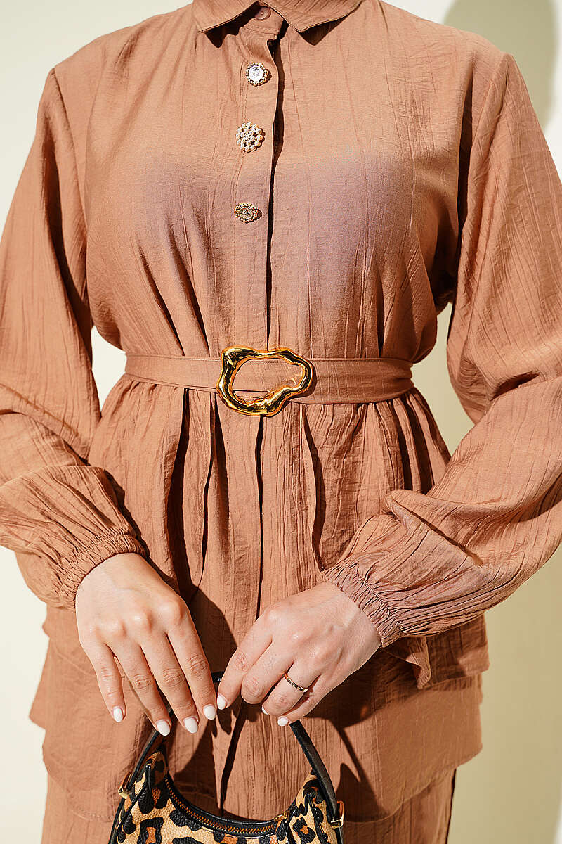 Belted Tunic Set with Concealed Buttons - Latte