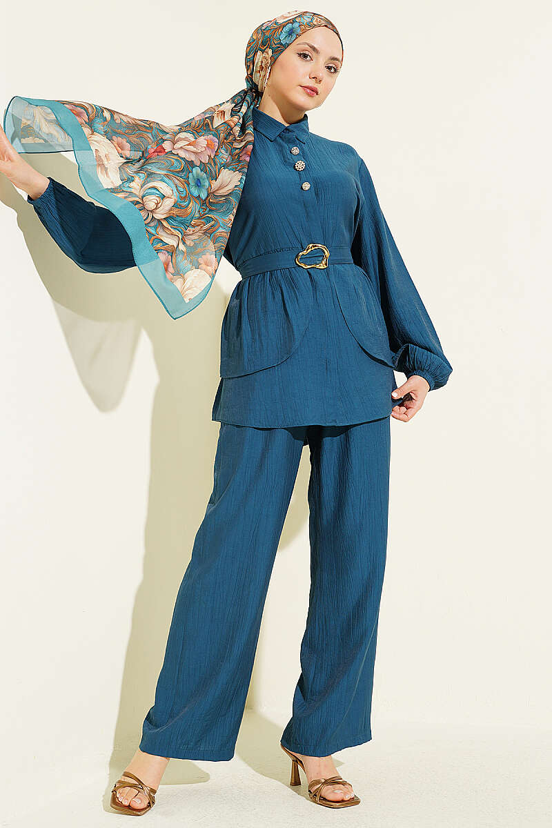 Belted Tunic Set with Concealed Buttons - Teal