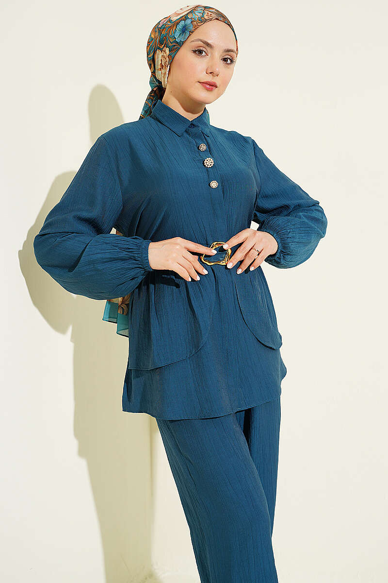 Belted Tunic Set with Concealed Buttons - Teal