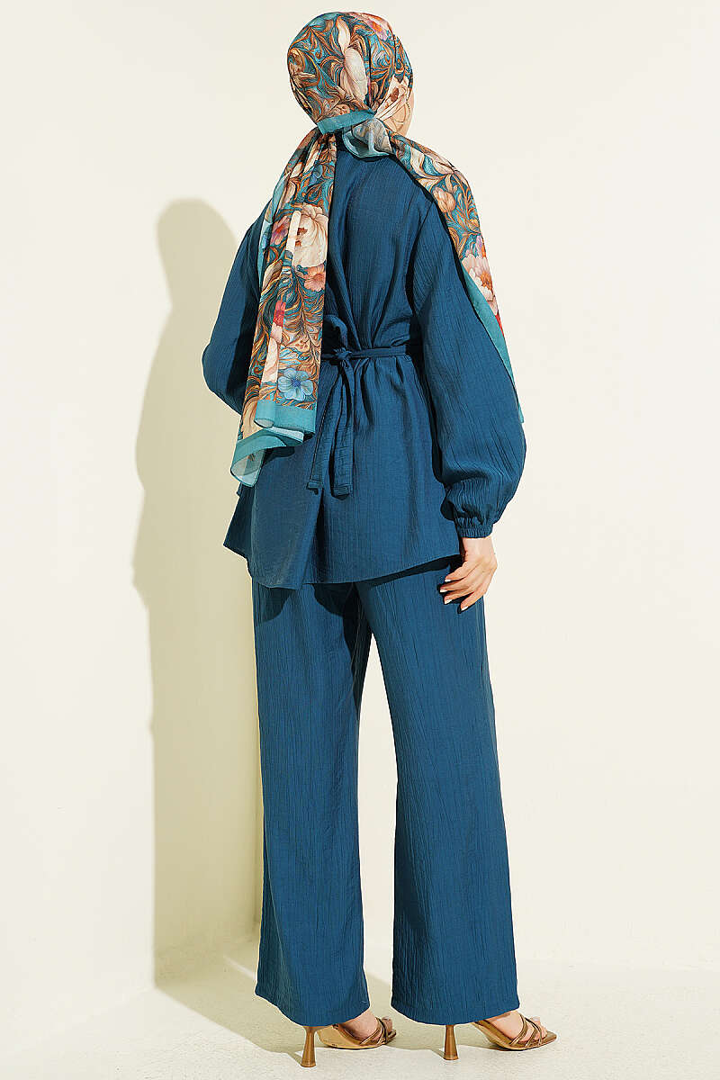 Belted Tunic Set with Concealed Buttons - Teal