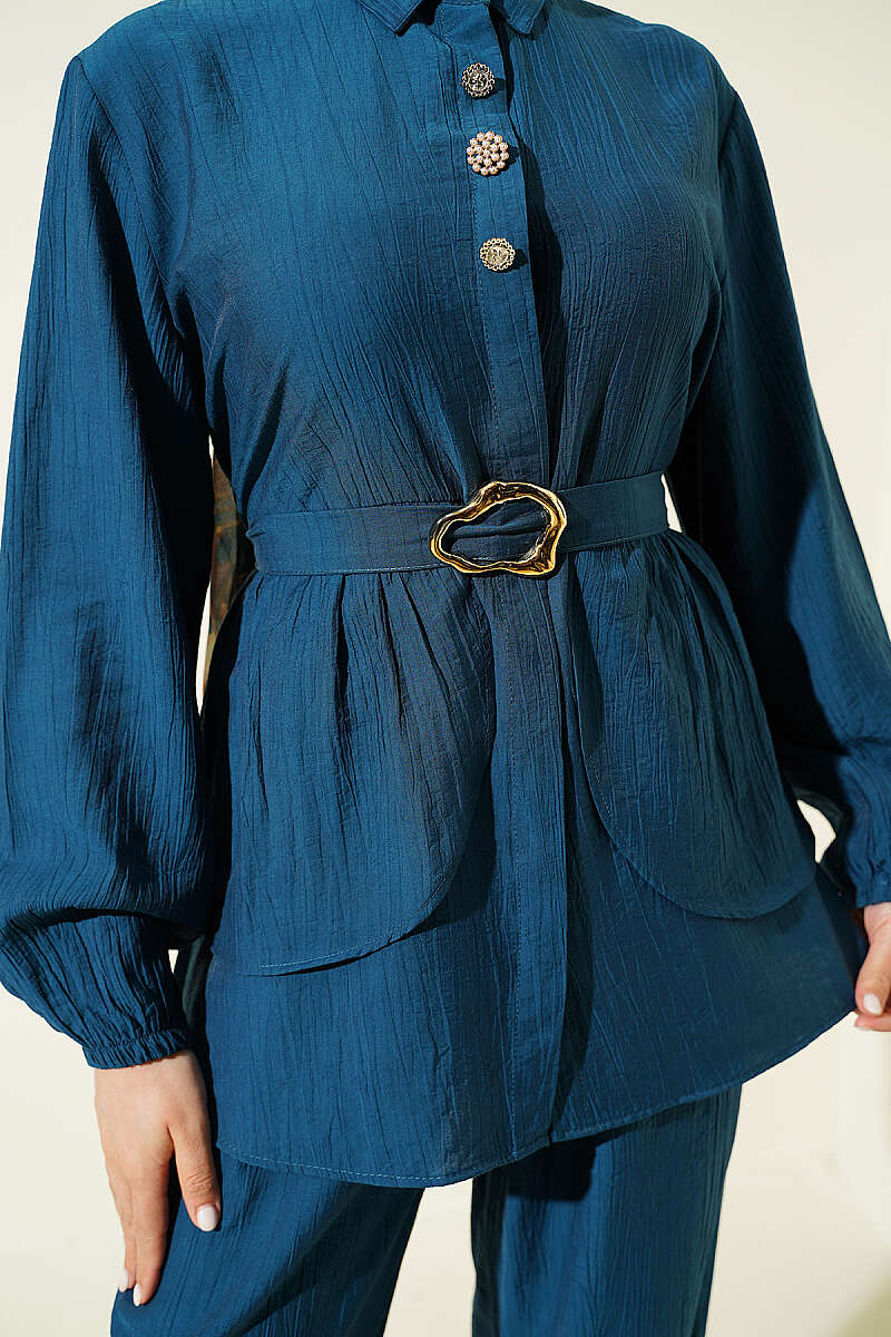 Belted Tunic Set with Concealed Buttons - Teal