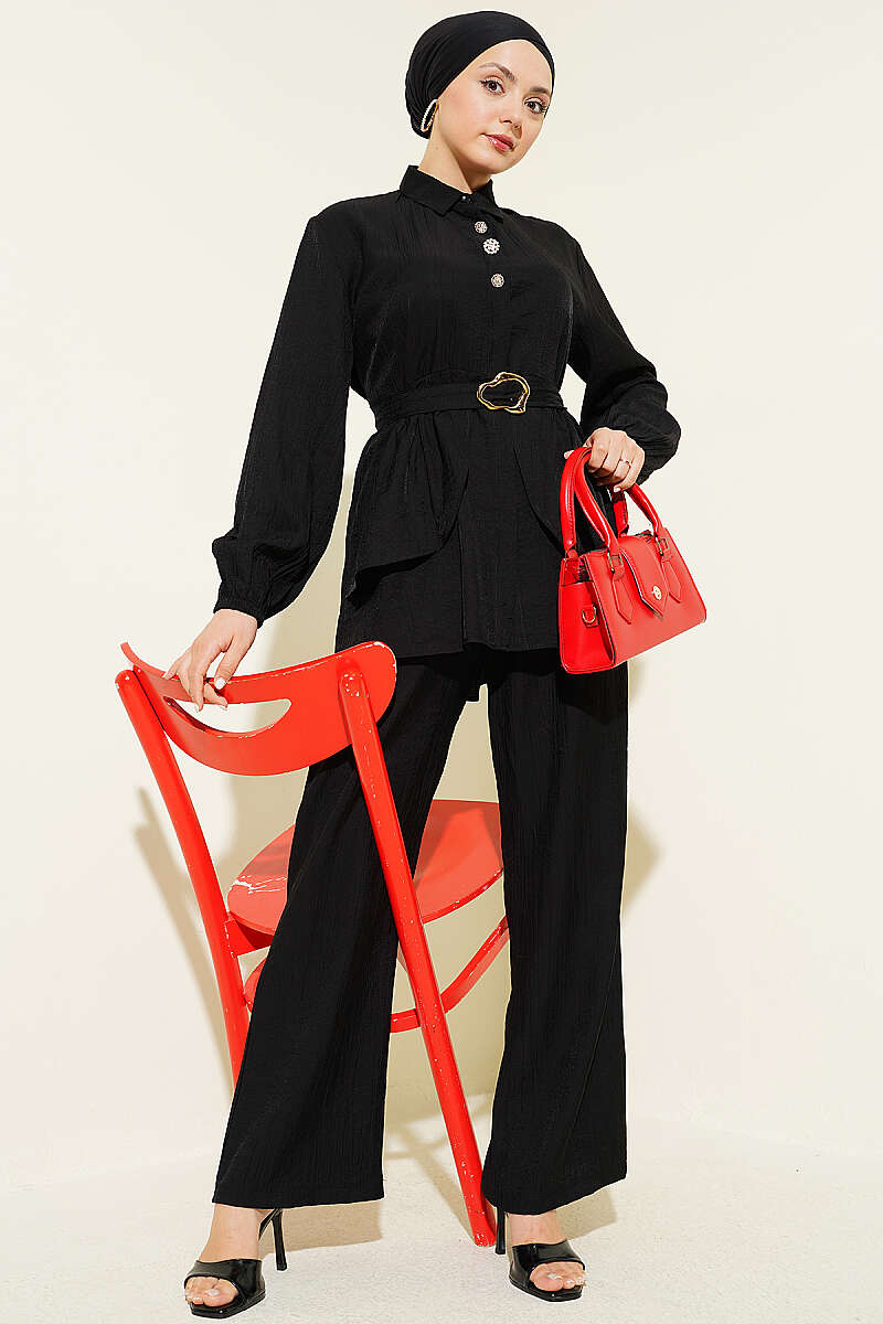 Belted Tunic Set with Concealed Buttons - Black