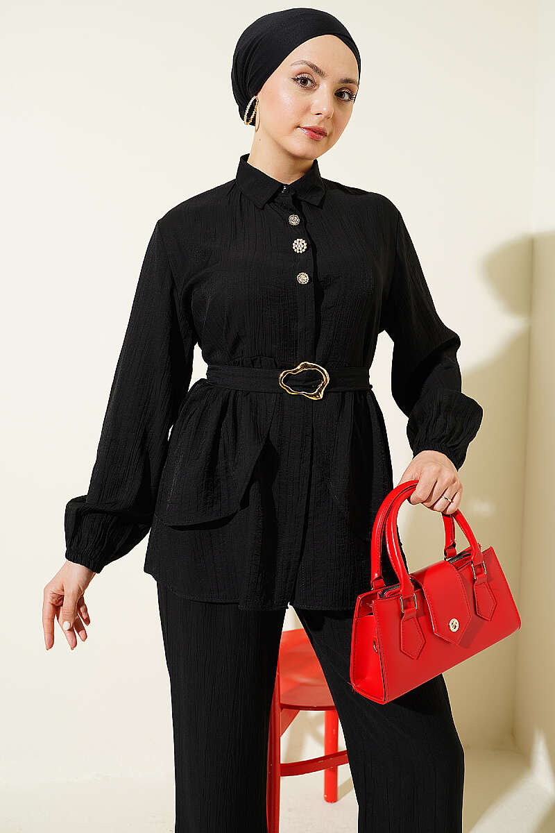 Belted Tunic Set with Concealed Buttons - Black