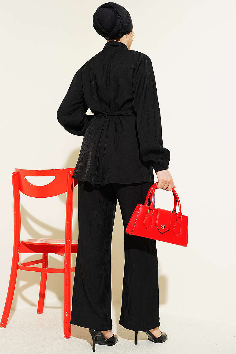 Belted Tunic Set with Concealed Buttons - Black