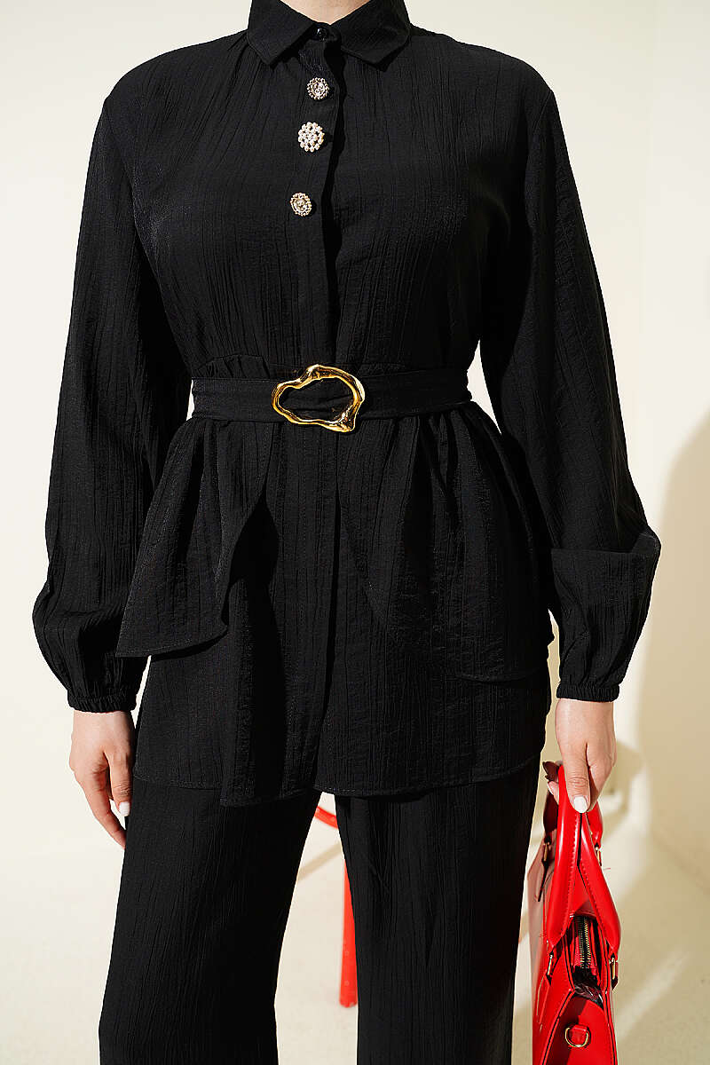 Belted Tunic Set with Concealed Buttons - Black