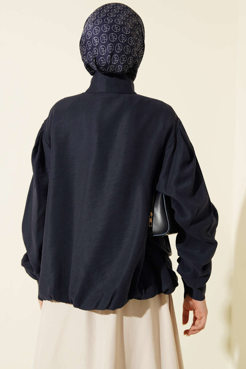 Modal Bomber Jacket with Concealed Buttons - Navy