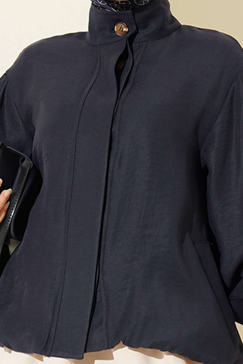 Modal Bomber Jacket with Concealed Buttons - Navy