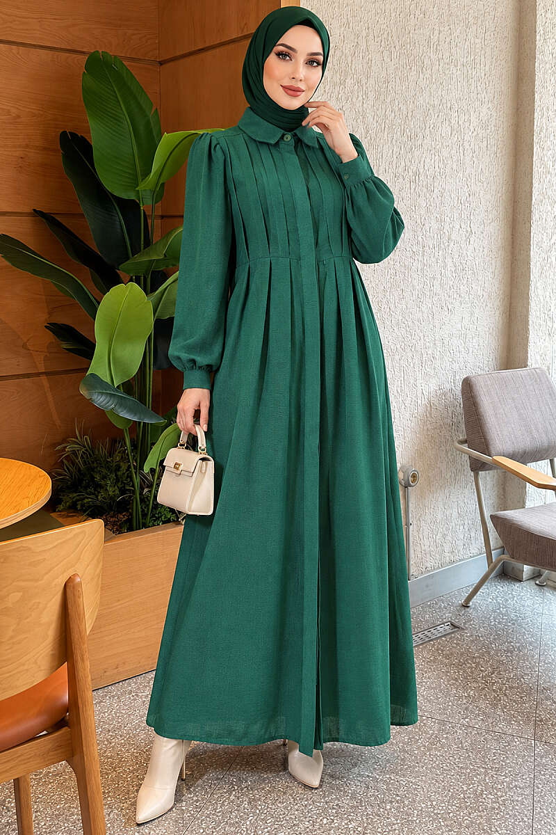 Ribbed Dress with Concealed Buttons - Emerald
