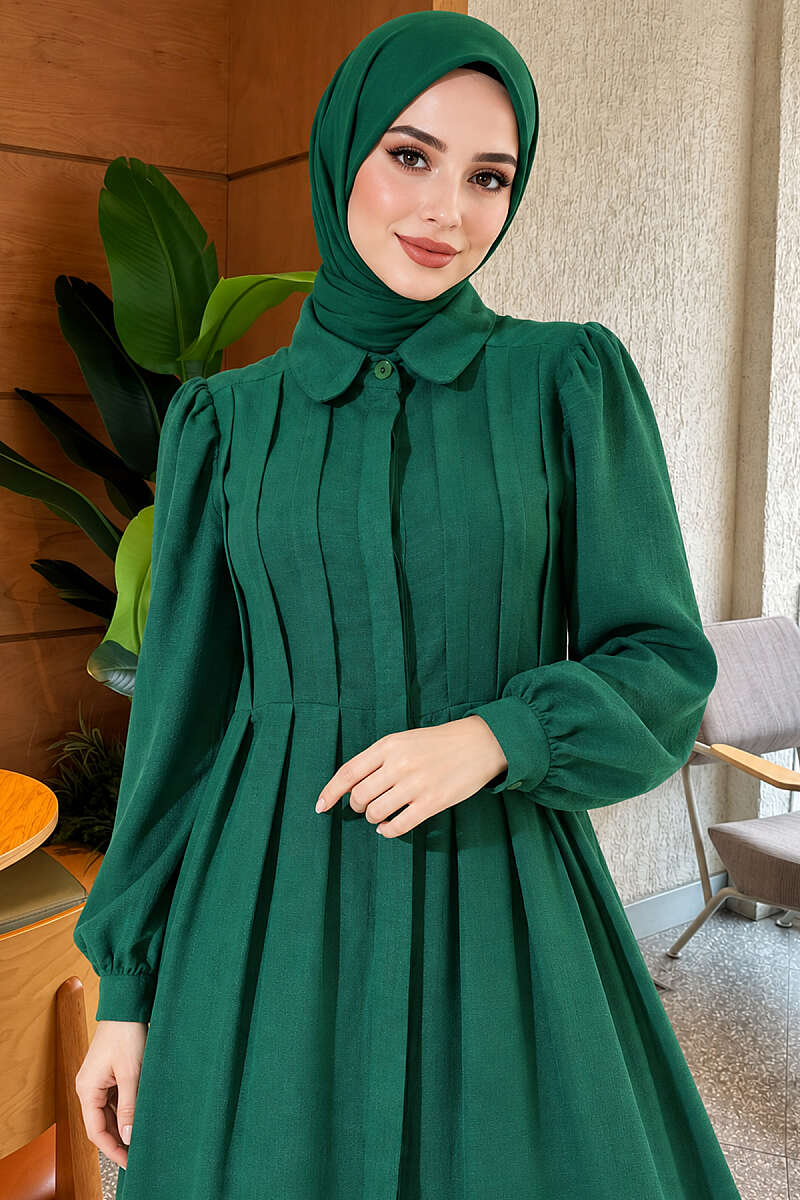 Ribbed Dress with Concealed Buttons - Emerald