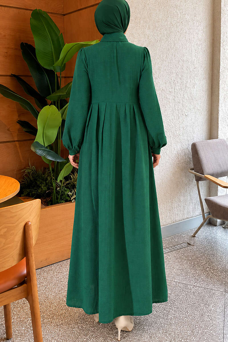 Ribbed Dress with Concealed Buttons - Emerald