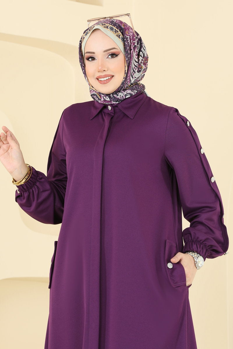 Modest Abaya Coat with Concealed Buttons - Purple