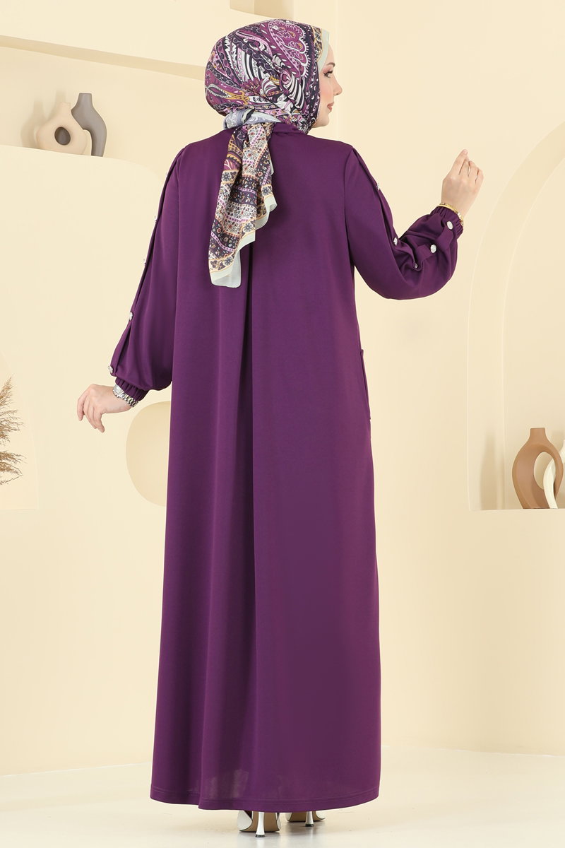 Modest Abaya Coat with Concealed Buttons - Purple