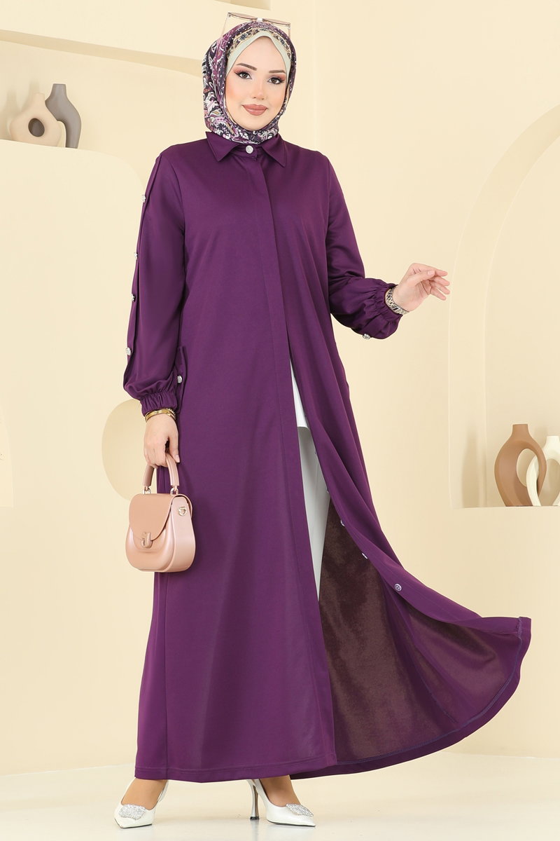 Modest Abaya Coat with Concealed Buttons - Purple