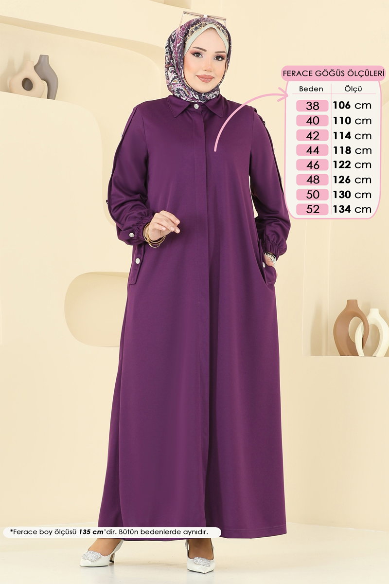 Modest Abaya Coat with Concealed Buttons - Purple