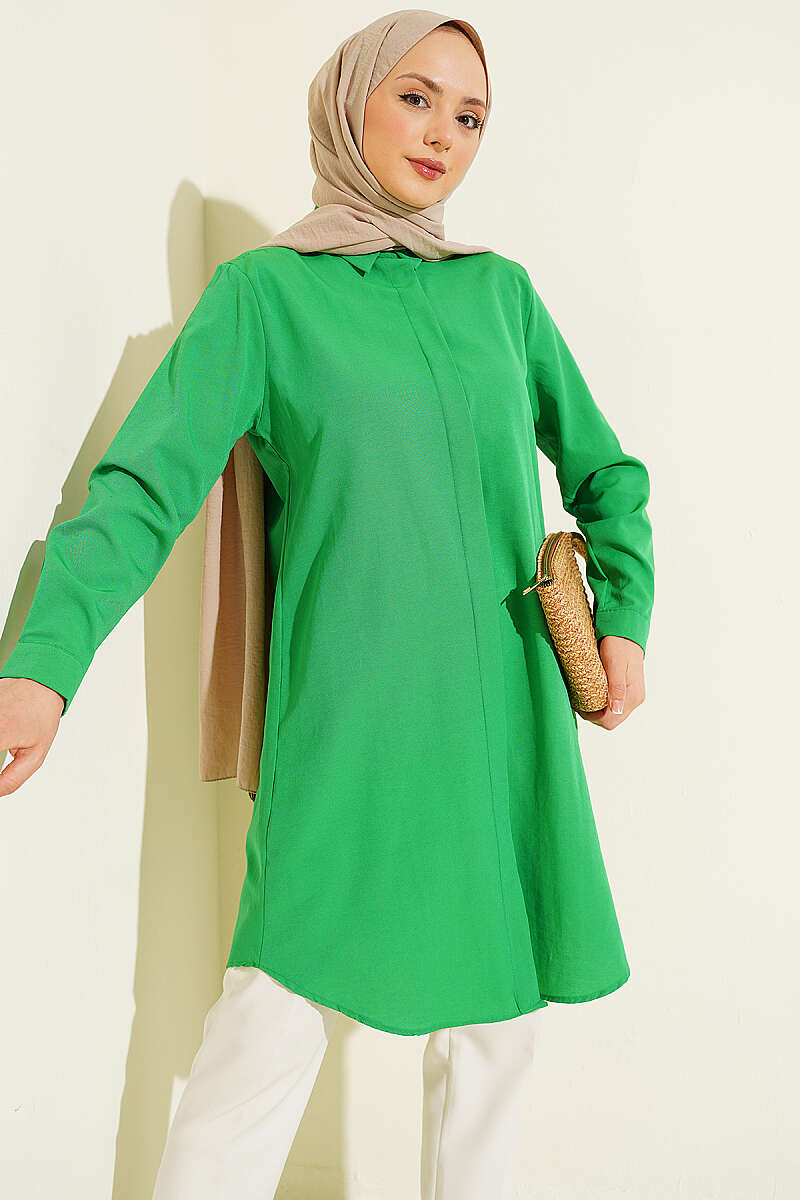 Long Basic Shirt with Concealed Buttons - Kelly Green
