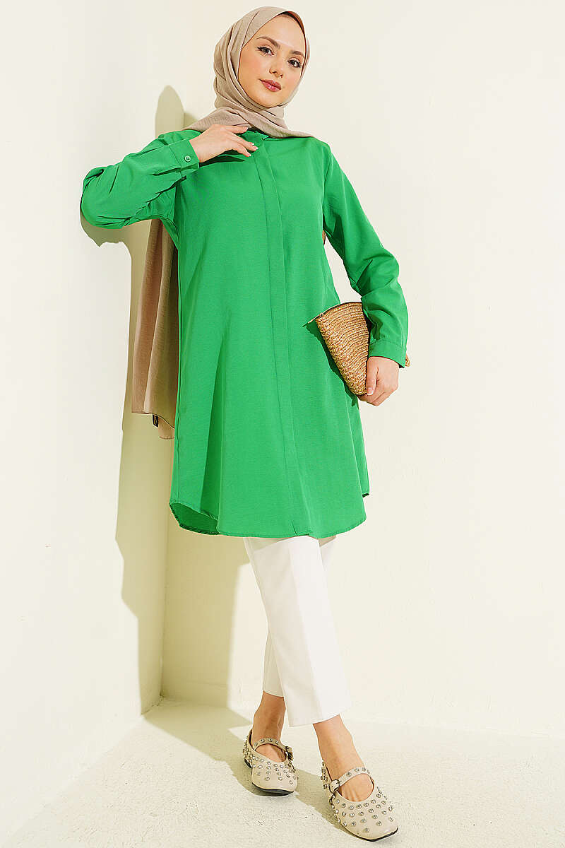 Long Basic Shirt with Concealed Buttons - Kelly Green