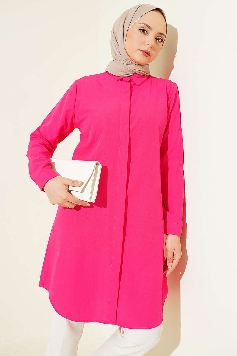 Long Basic Shirt with Concealed Buttons - Fuchsia