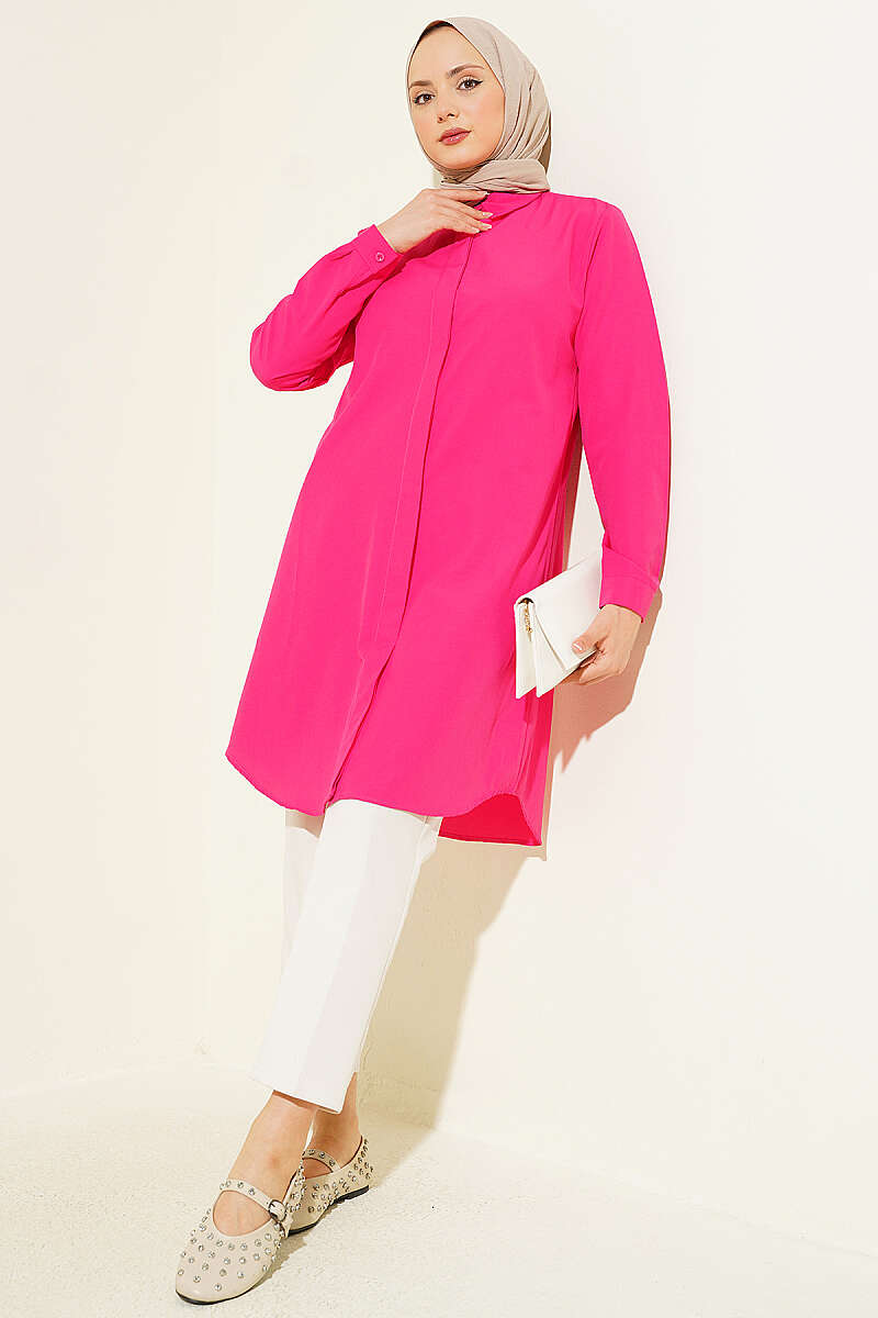 Long Basic Shirt with Concealed Buttons - Fuchsia