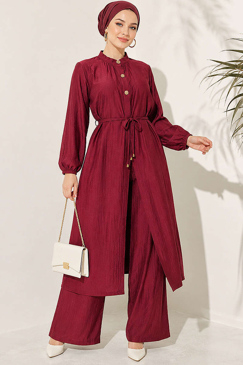 Long Tunic Two-Piece Set with Concealed Buttons - Burgundy
