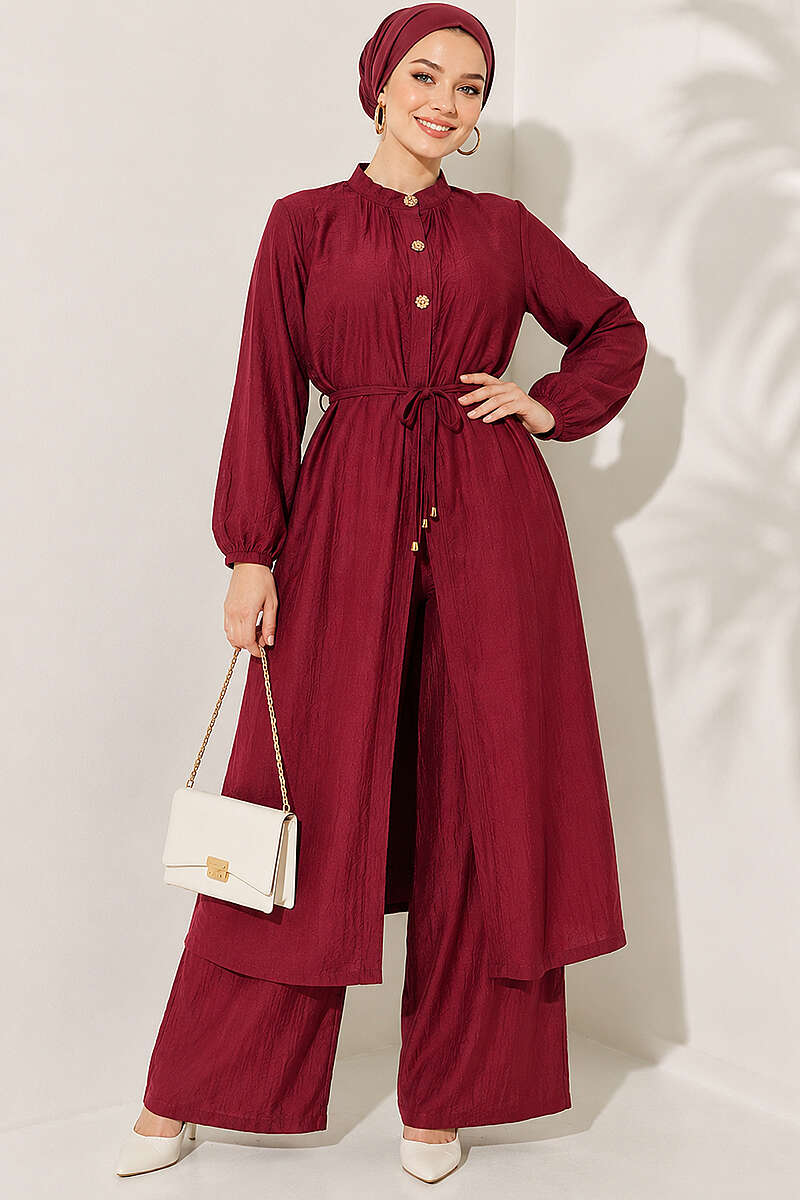 Long Tunic Two-Piece Set with Concealed Buttons - Burgundy