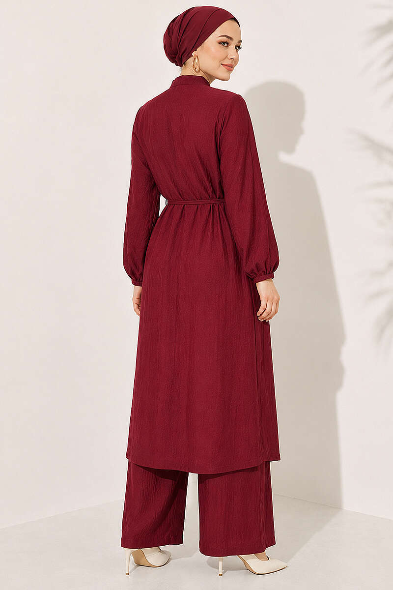 Long Tunic Two-Piece Set with Concealed Buttons - Burgundy