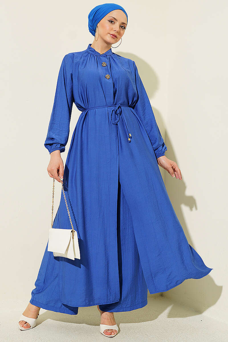 Long Tunic Two-Piece Set with Concealed Buttons - Indigo