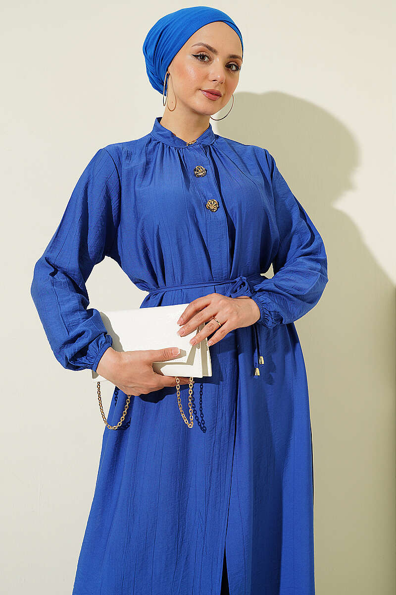 Long Tunic Two-Piece Set with Concealed Buttons - Indigo