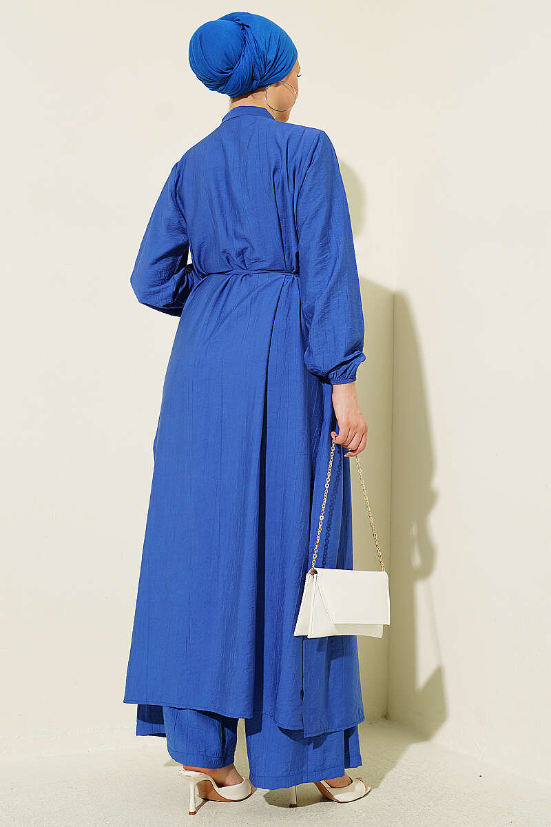 Long Tunic Two-Piece Set with Concealed Buttons - Indigo